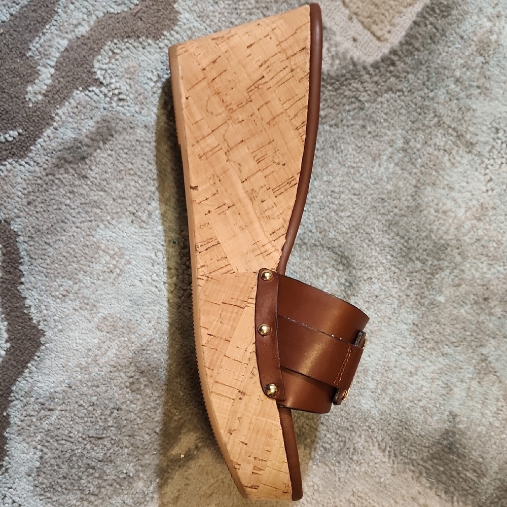 Coach Brown Leather Logo Cork Wedge Slide Sandals with Gold Hardware - Picture 7 of 10